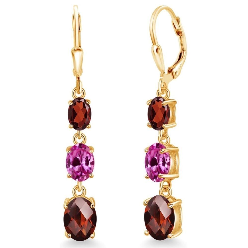 18K Yellow Gold with 6.01 Cttw 3 Stone Garnet and Pink Sapphire Drop Earrings